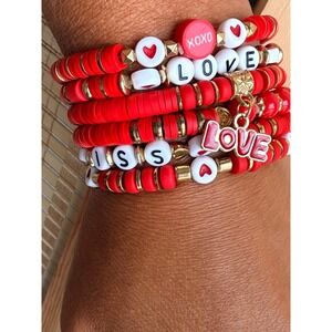 Red Valentines Day Beaded Bracelet Stack Love XOXO Heart Heishi Stretch Set